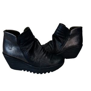 Fly London Yip Gunmetal Metallic Leather Wedge Boots Size 39